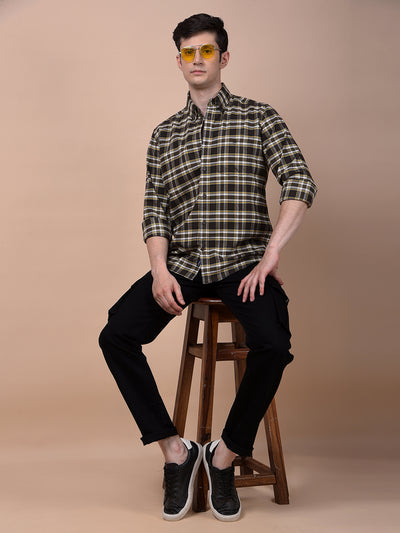 Olive Checked Button-Down Collar 100% Cotton Shirt
