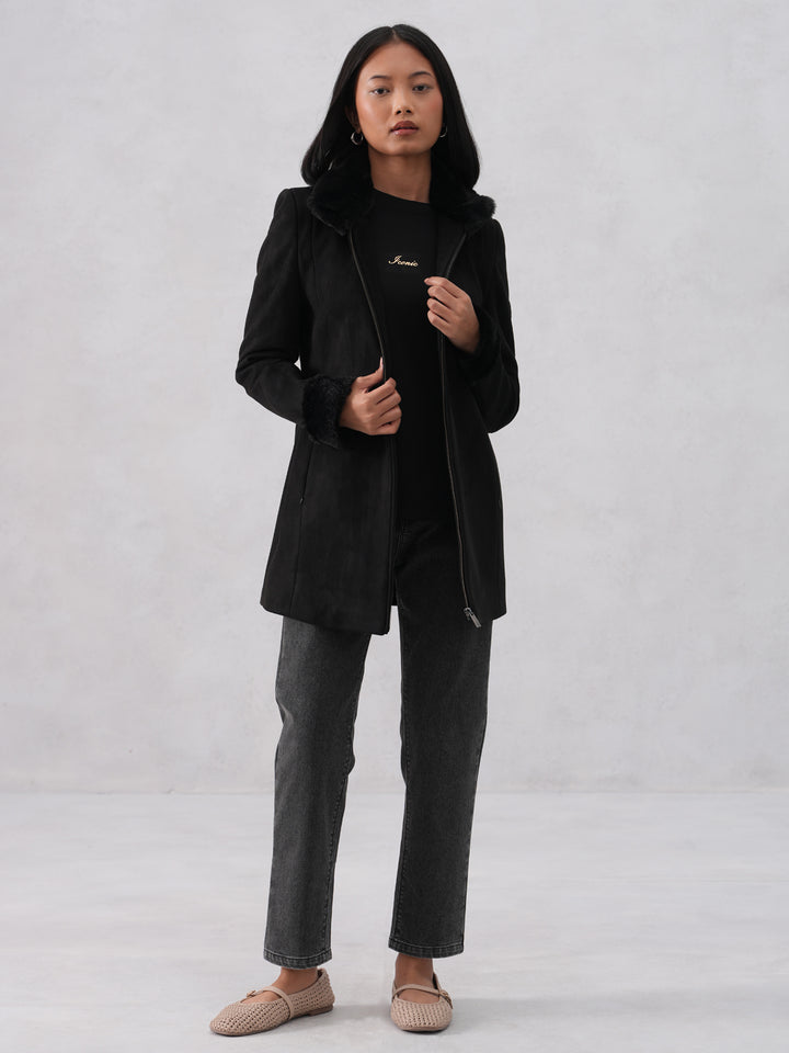 Faux Fur Trim Black Coat