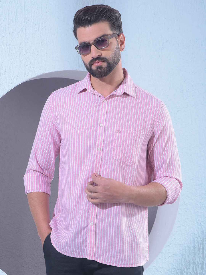 Pink Linen Vertical Stripes Shirt
