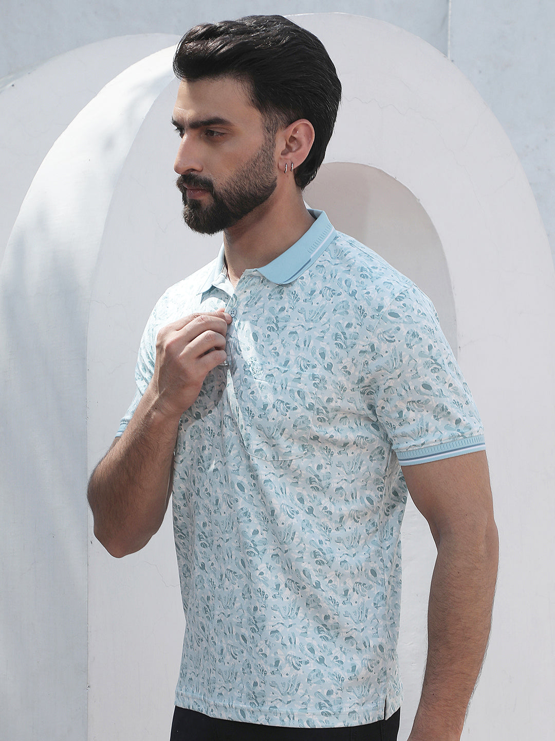Blue Botanical Print Polo Neck T-Shirt
