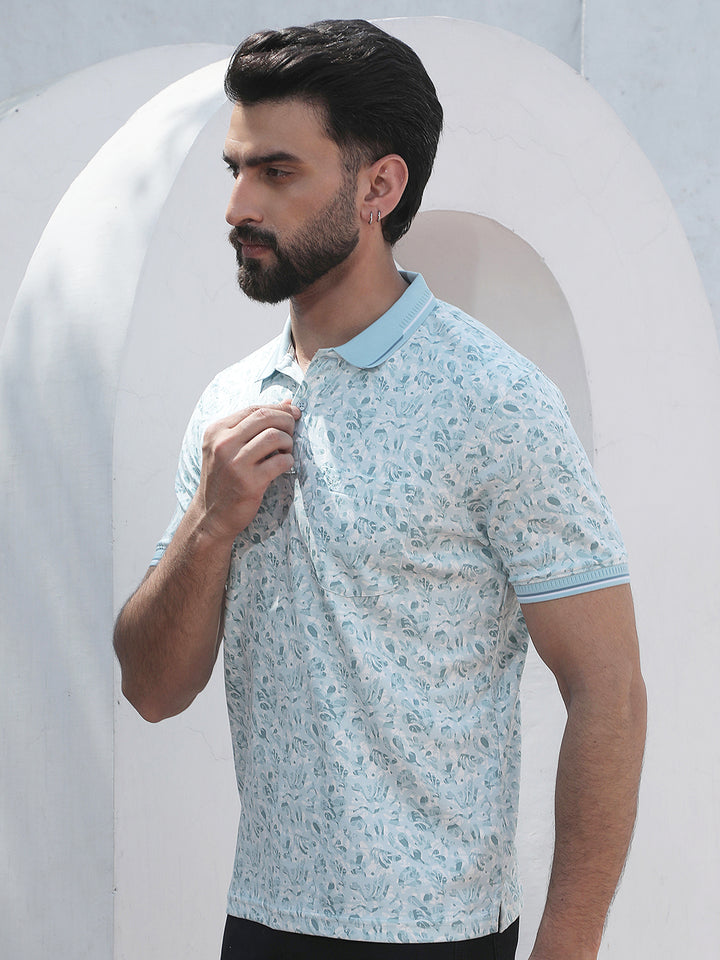 Blue Botanical Print Polo Neck T-Shirt