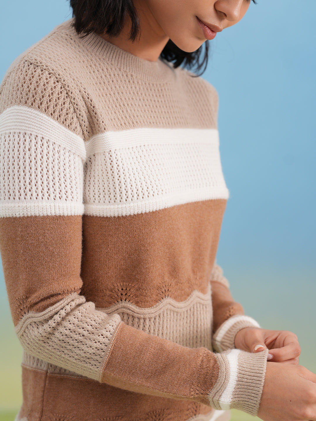 Sand Beige Textured Color-Block Sweater