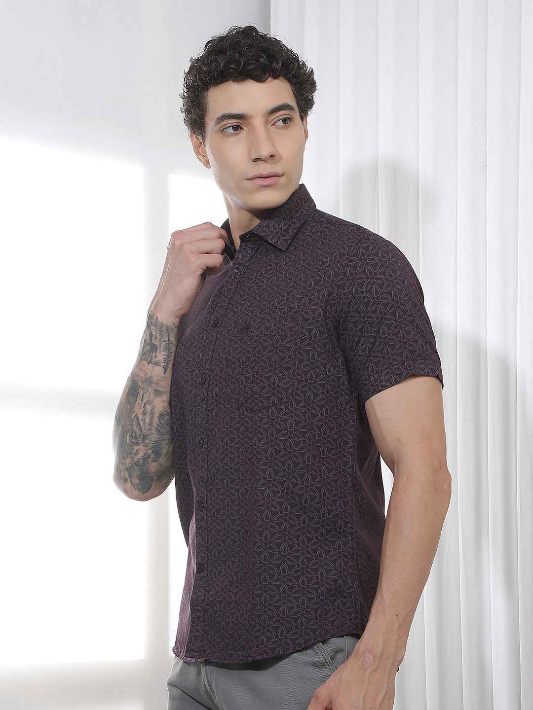 Wine Geometric Print Linen Shirt