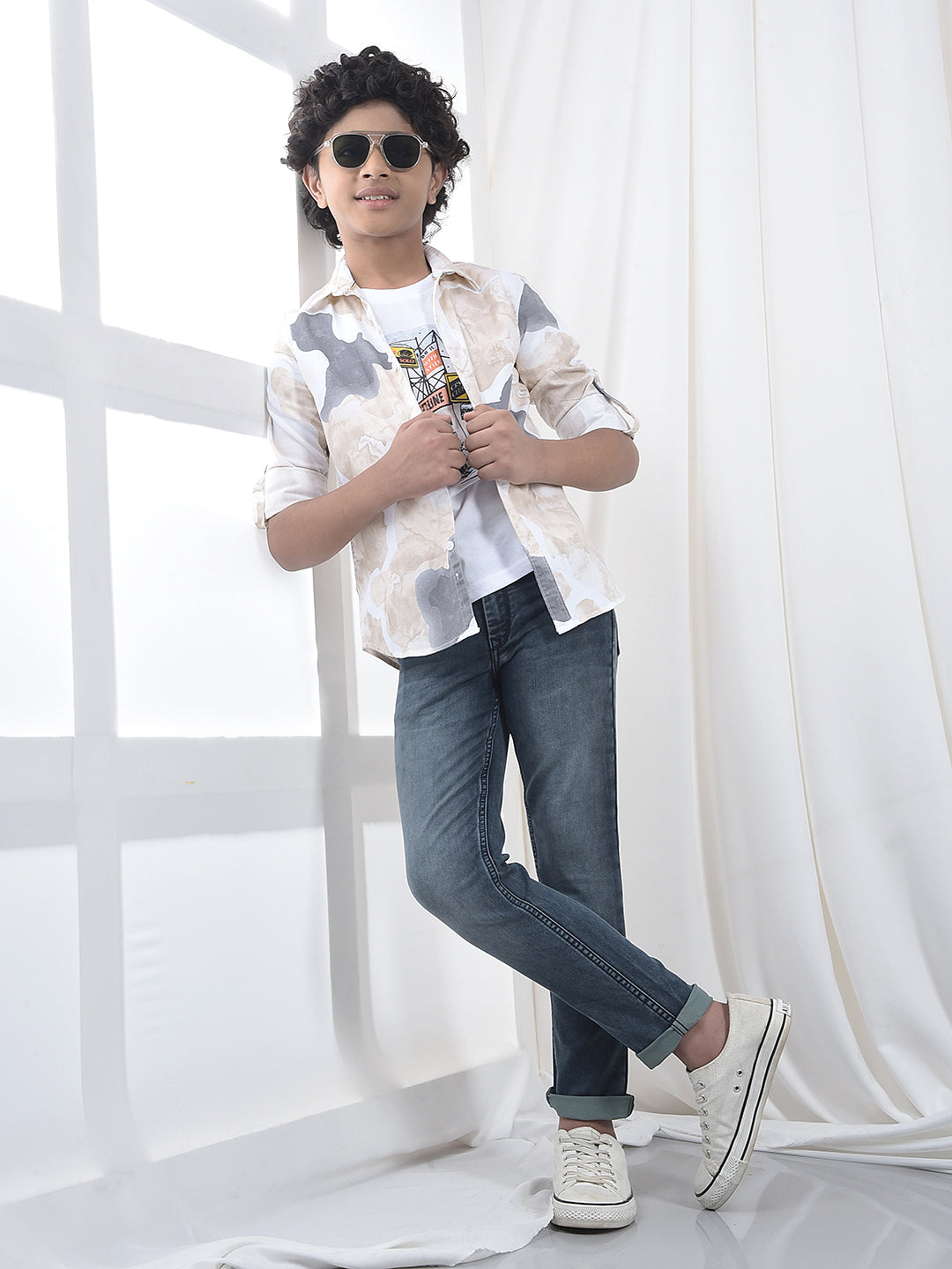 Beige Abstract Print Shirt & T-Shirt Set