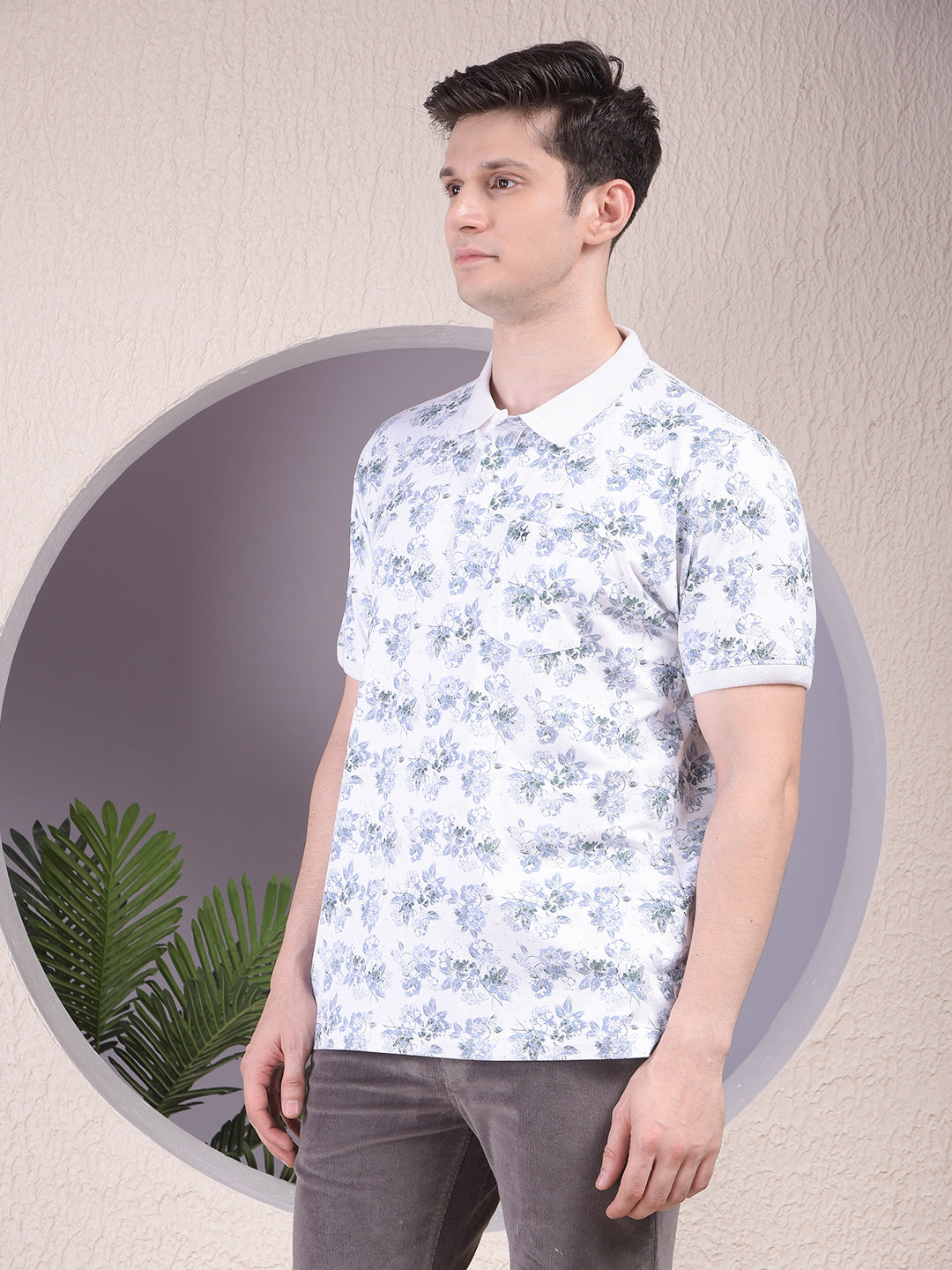 Green Floral Print Polo-Neck T-Shirt