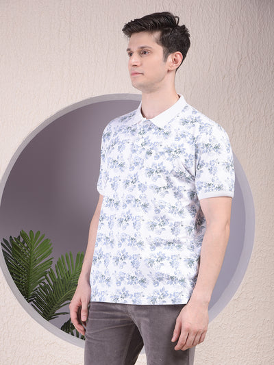 Green Floral Print Polo-Neck T-Shirt