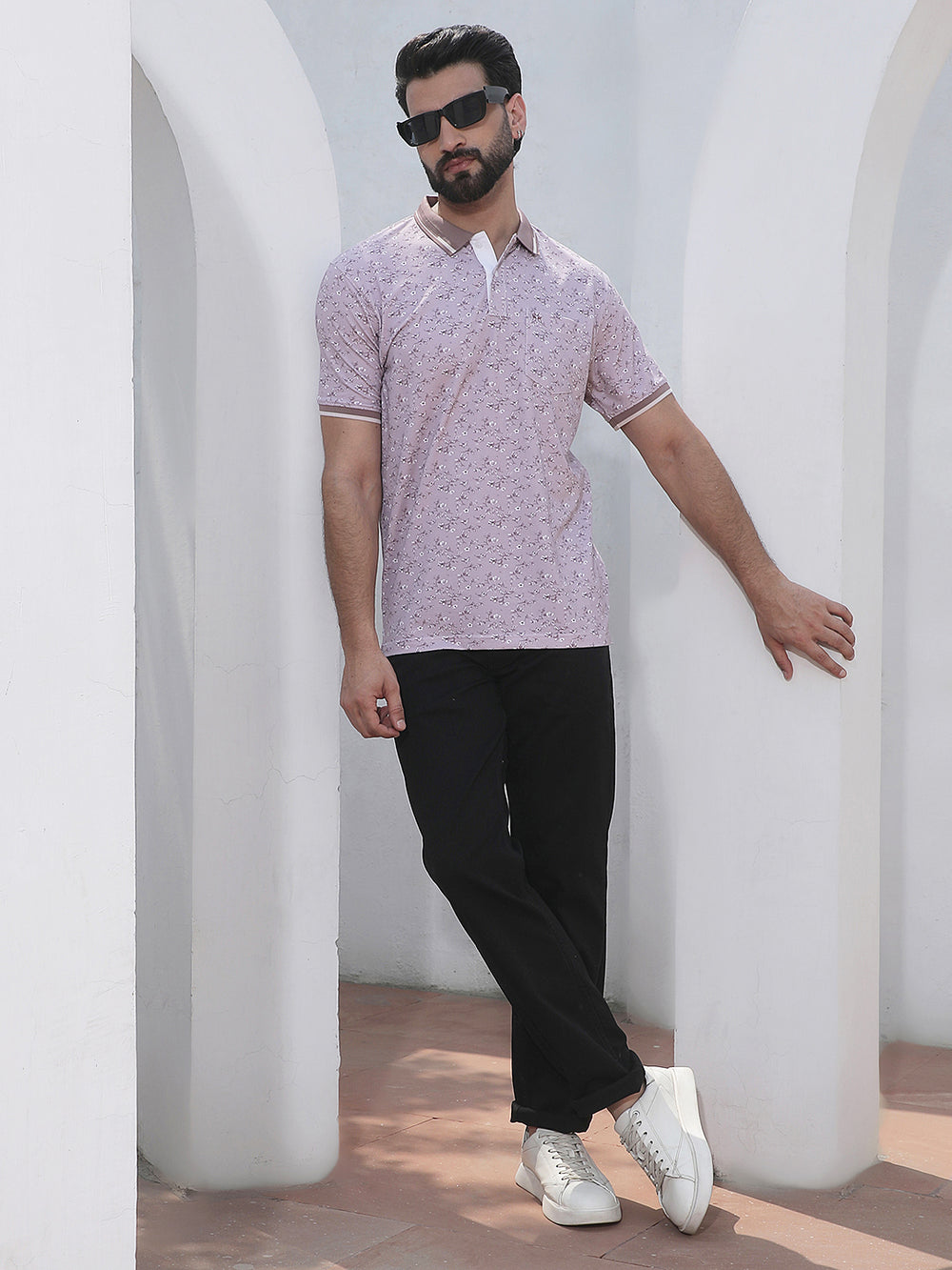 Purple Floral Print Polo Neck T-Shirt