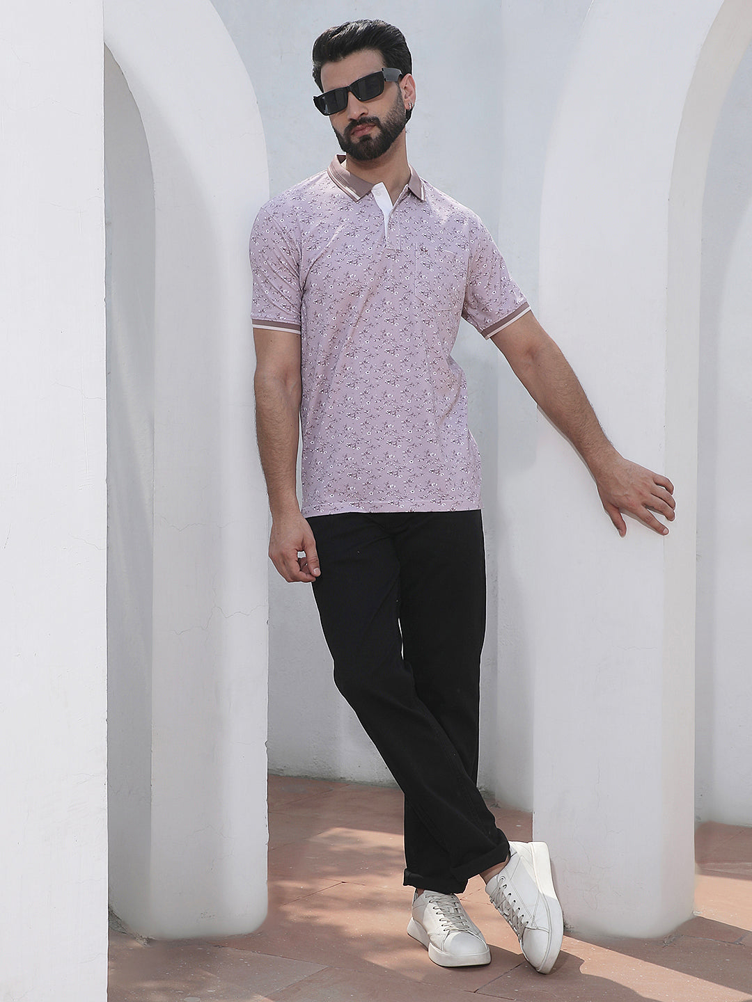 Purple Floral Print Polo Neck T-Shirt