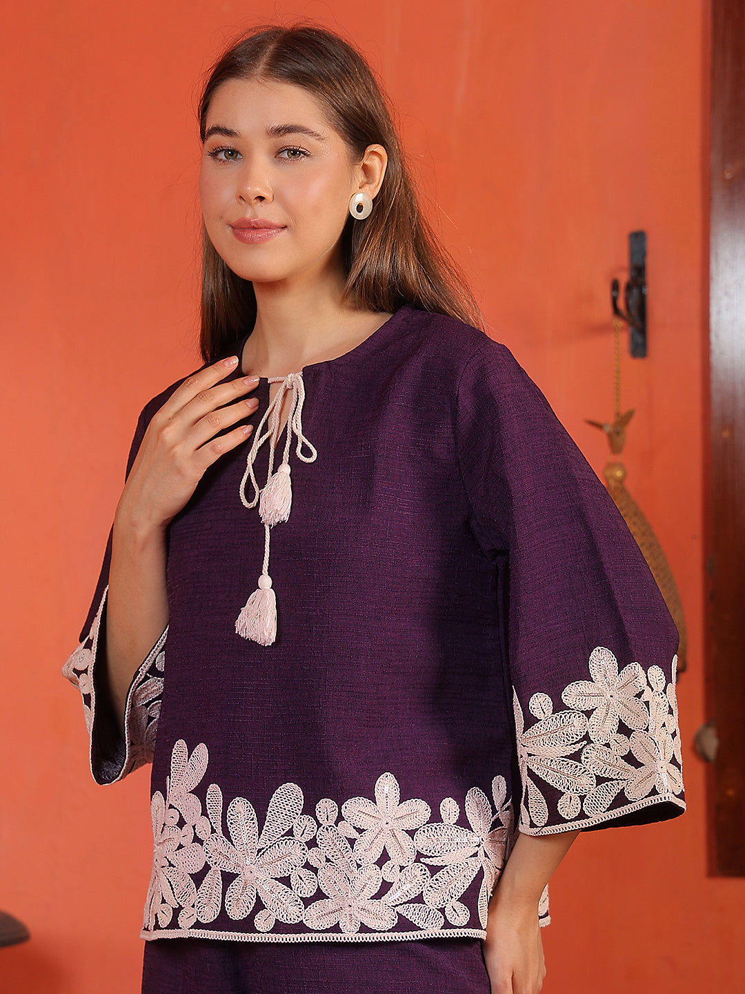 100% Cotton Wine Embroidered Round Neck Top