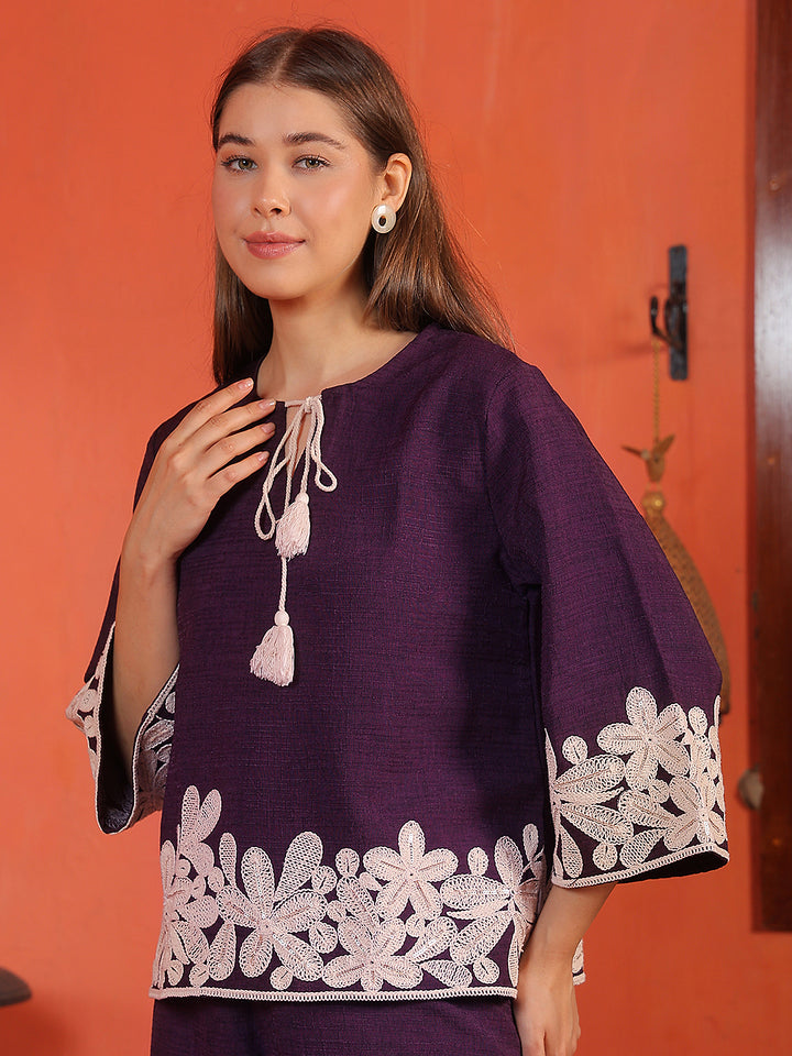 100% Cotton Wine Embroidered Round Neck Top