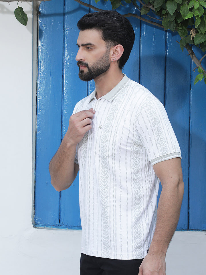 Green Botanical Print Polo Neck T-Shirt