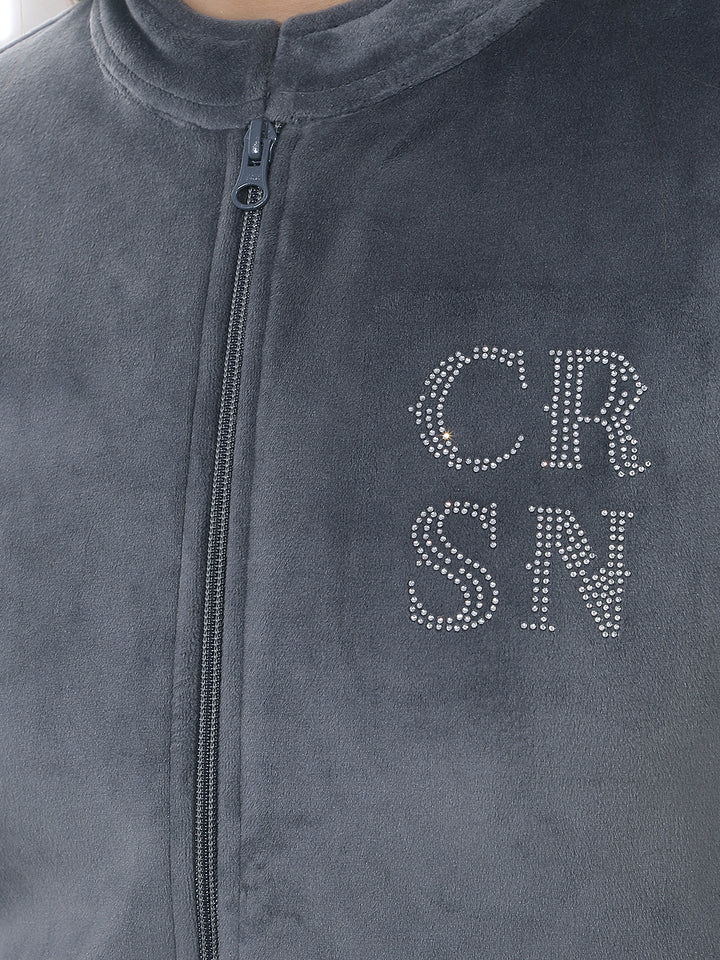 Grey Embellished Mock Neck Sweatshirt