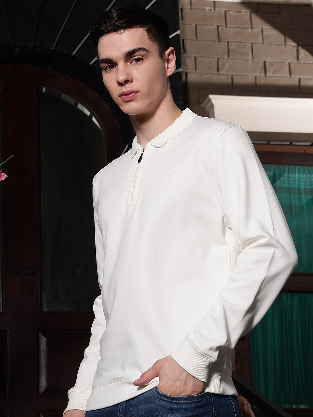 Off White Polo Neck Front Open Sweatshirt