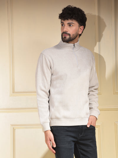 Beige Jacquard Half-Zip High-Neck Sweatshirt