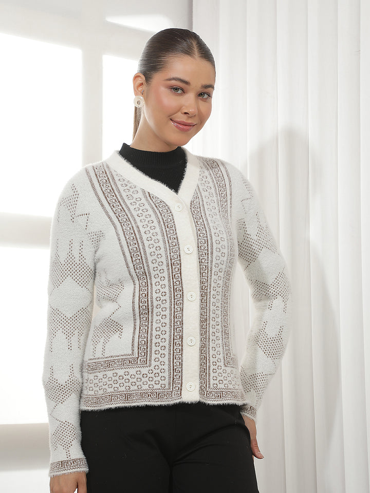 Off White Jacquard V-Neck Cardigan