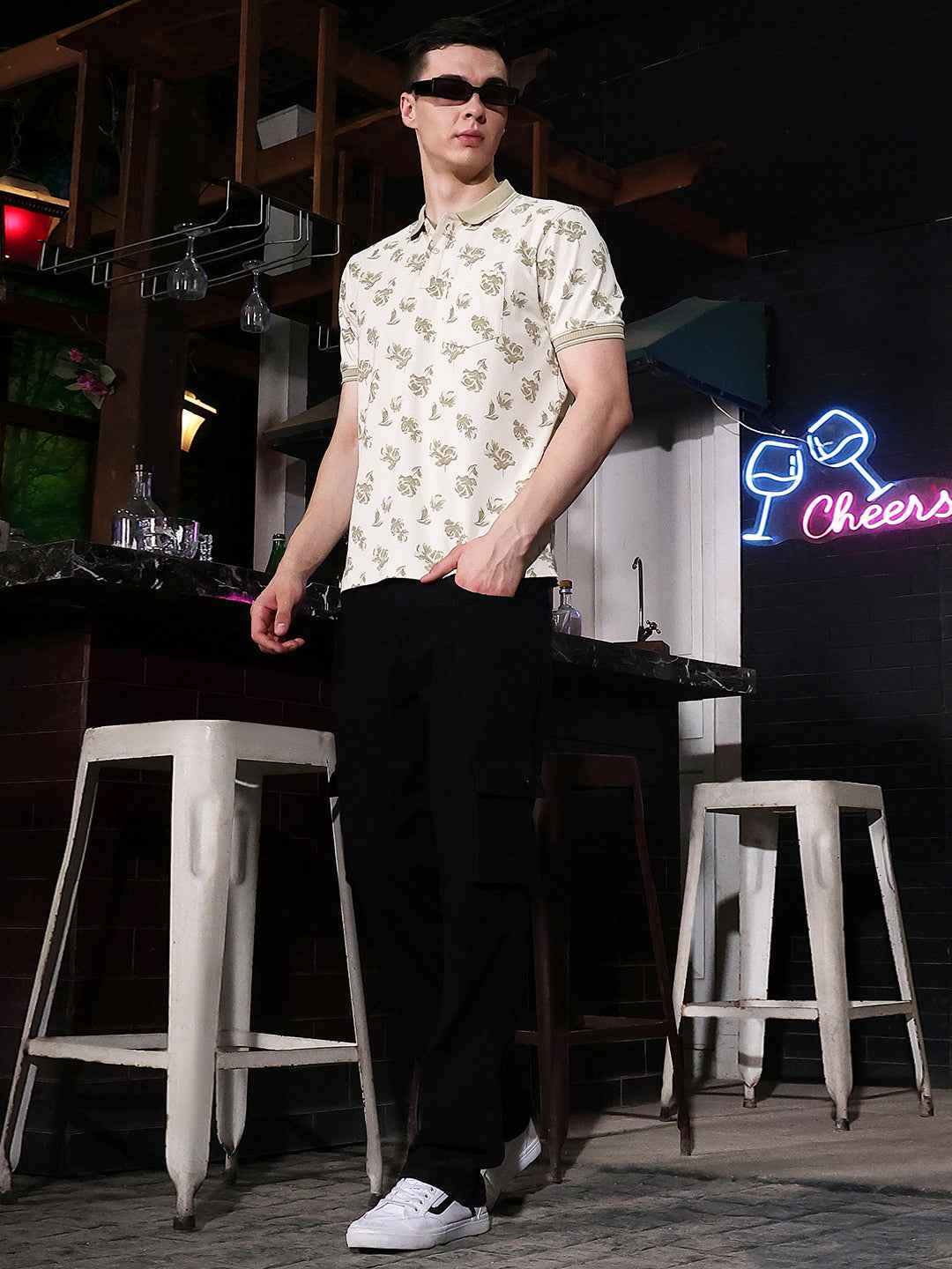 Beige Floral Print Polo Neck T-Shirt