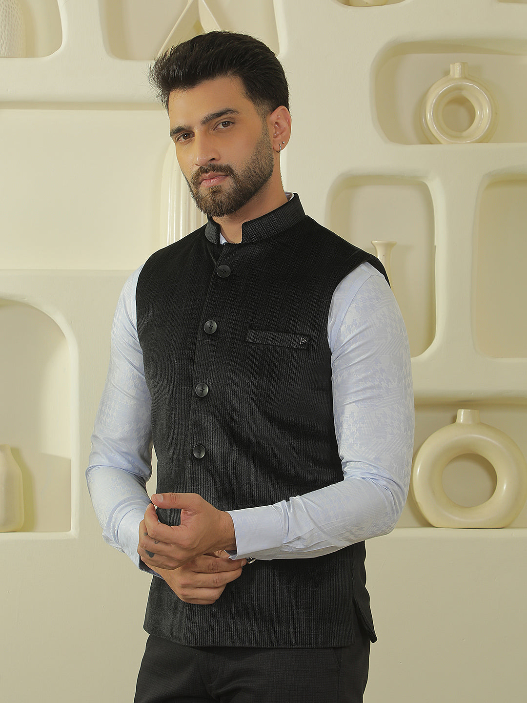 Black Textured Sleeveless Waistcoat