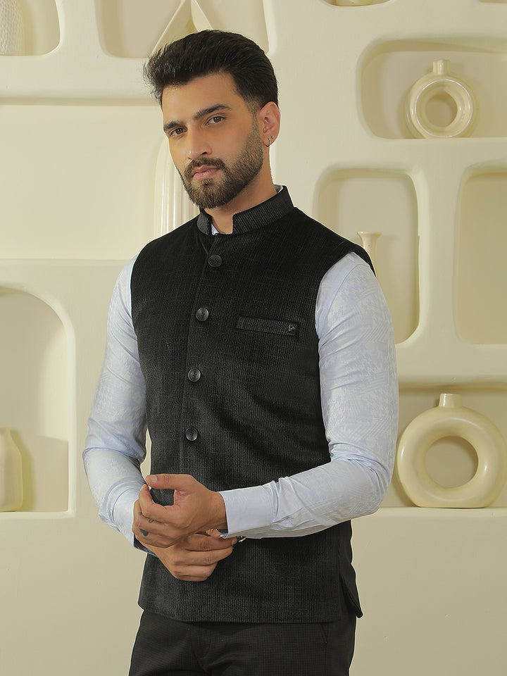 Black Textured Sleeveless Waistcoat
