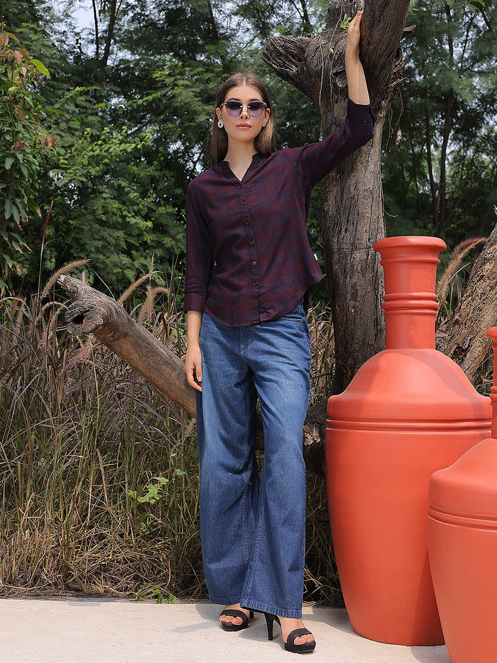 Maroon Checked V-Neck Shirt