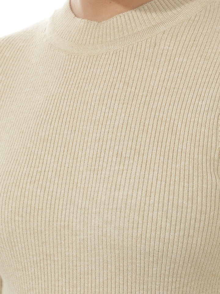 Beige Jacquard Mock Neck Sweater