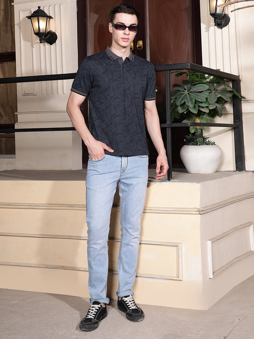 Navy Blue Printed Polo Neck T-Shirt