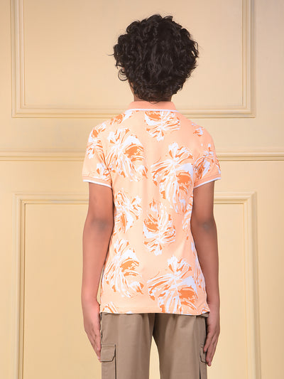 Peach Floral Print Polo Neck T-Shirt