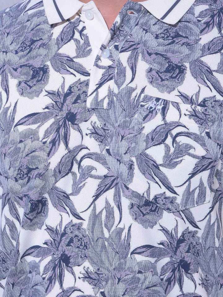 Blue Floral Print Polo Neck T-Shirt