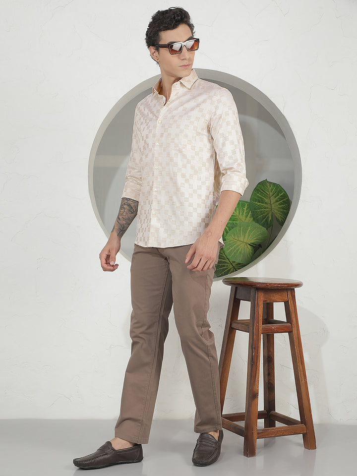 Beige Checked 100% Cotton Shirt