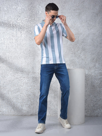 Blue Vertical Stripes 100% Cotton Polo Neck T-Shirt-Men T-Shirts-Crimsoune Club