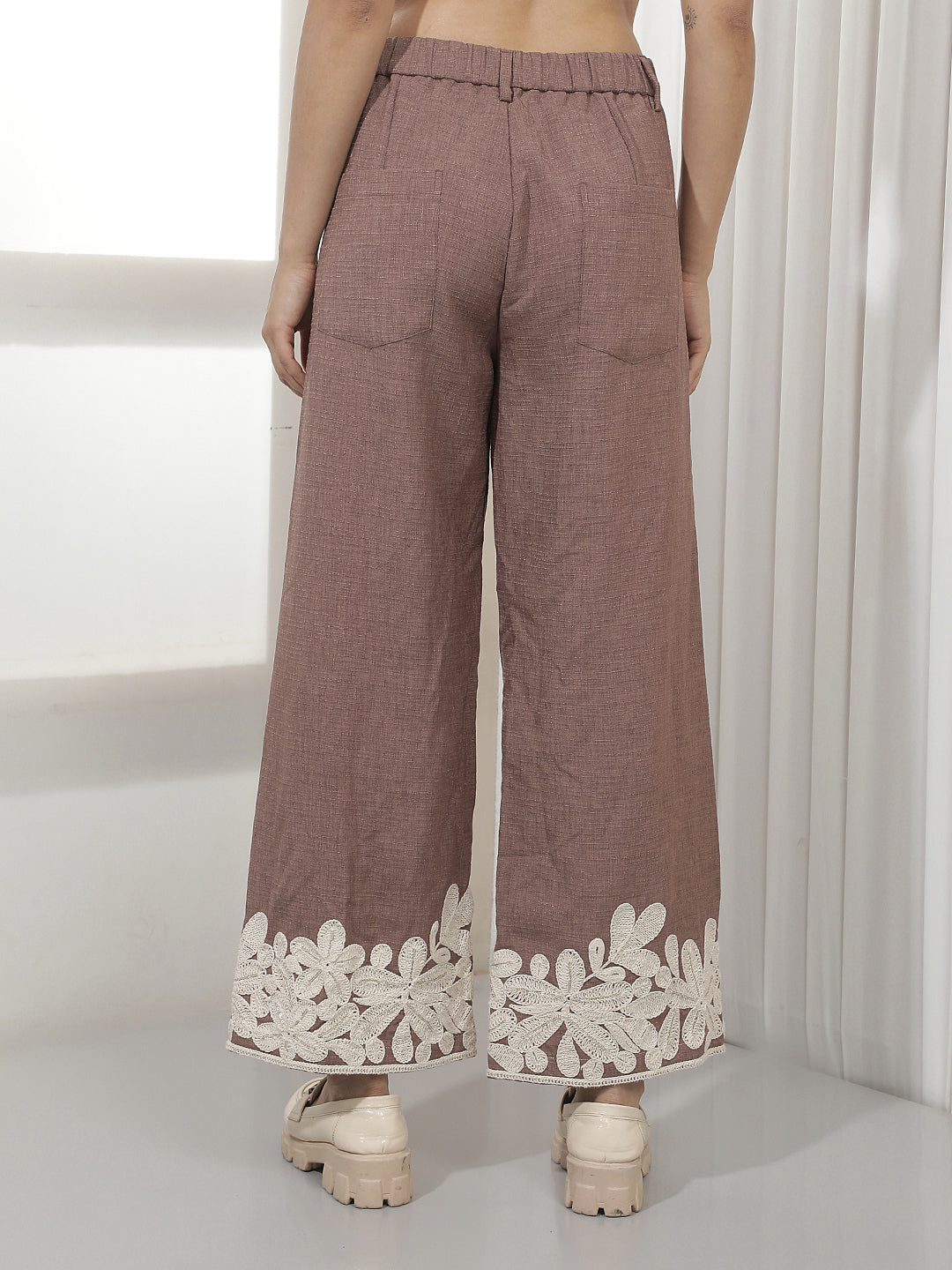 Brown Embroidered 100% Cotton Wide Leg Trousers