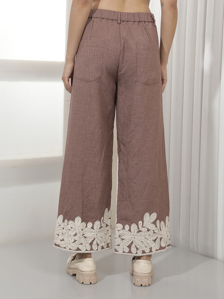 Brown Embroidered 100% Cotton Wide Leg Trousers