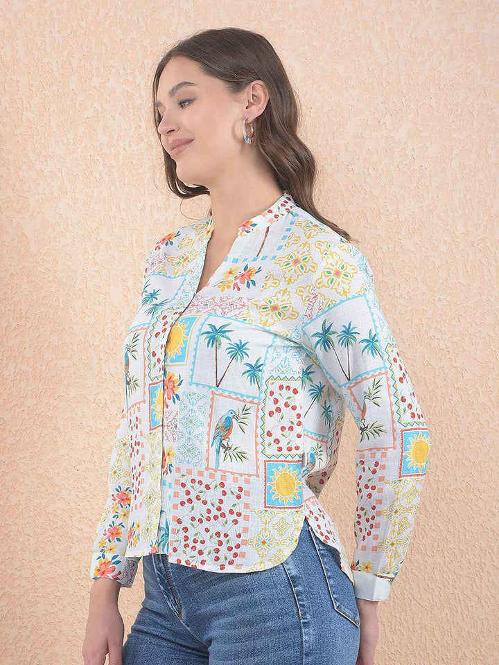 White Floral Print Linen Shirt