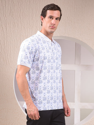 Blue Floral Print Polo Neck T-Shirt