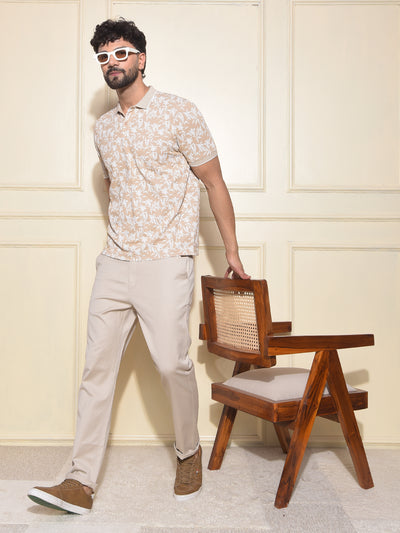 Beige Floral Print Polo-Neck T-Shirt