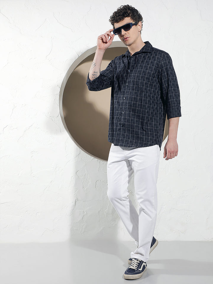 Navy Blue Checked 100% Cotton Shirt