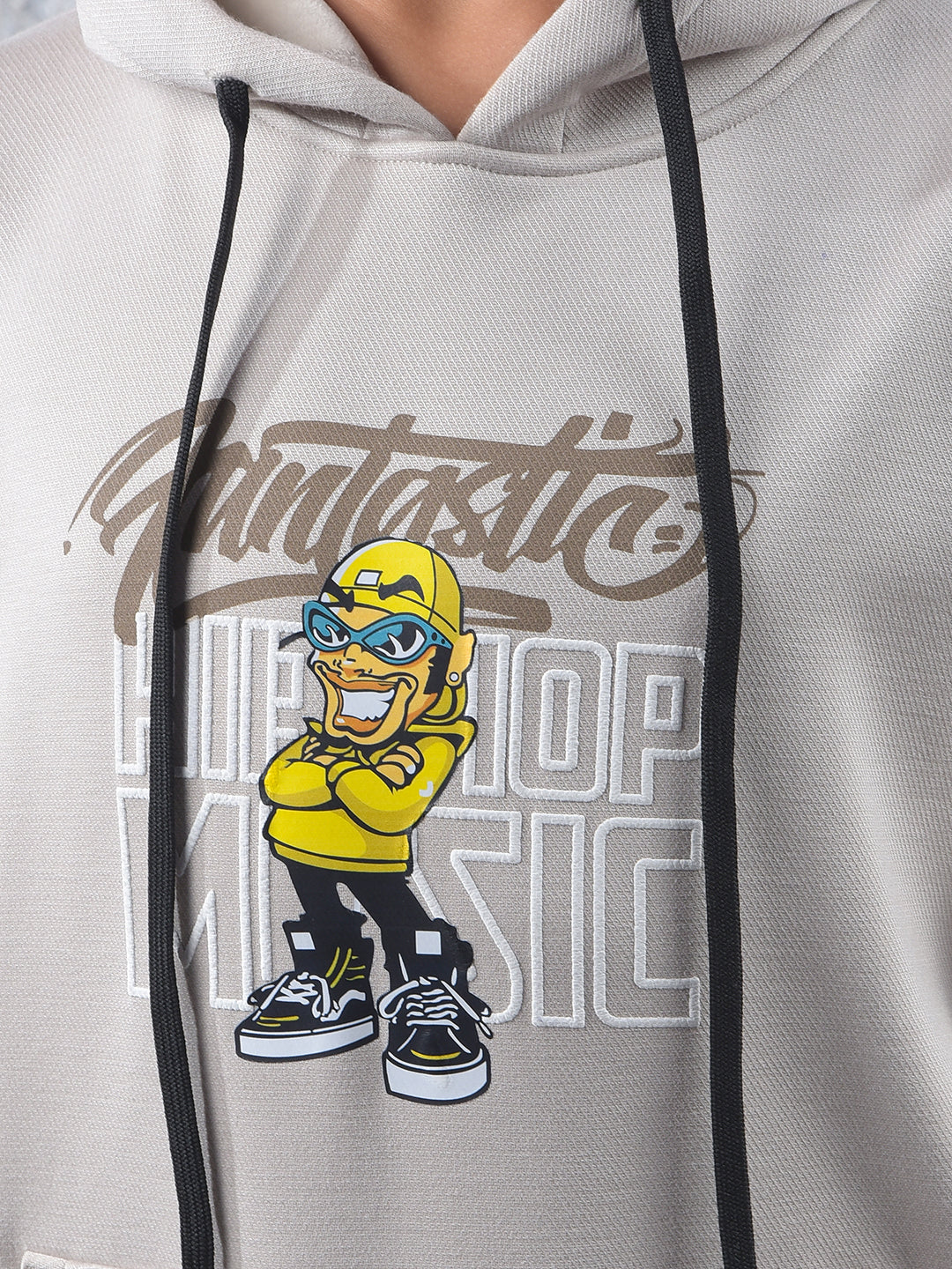 Beige Graphic Print Hooded Neck Sweatshirt