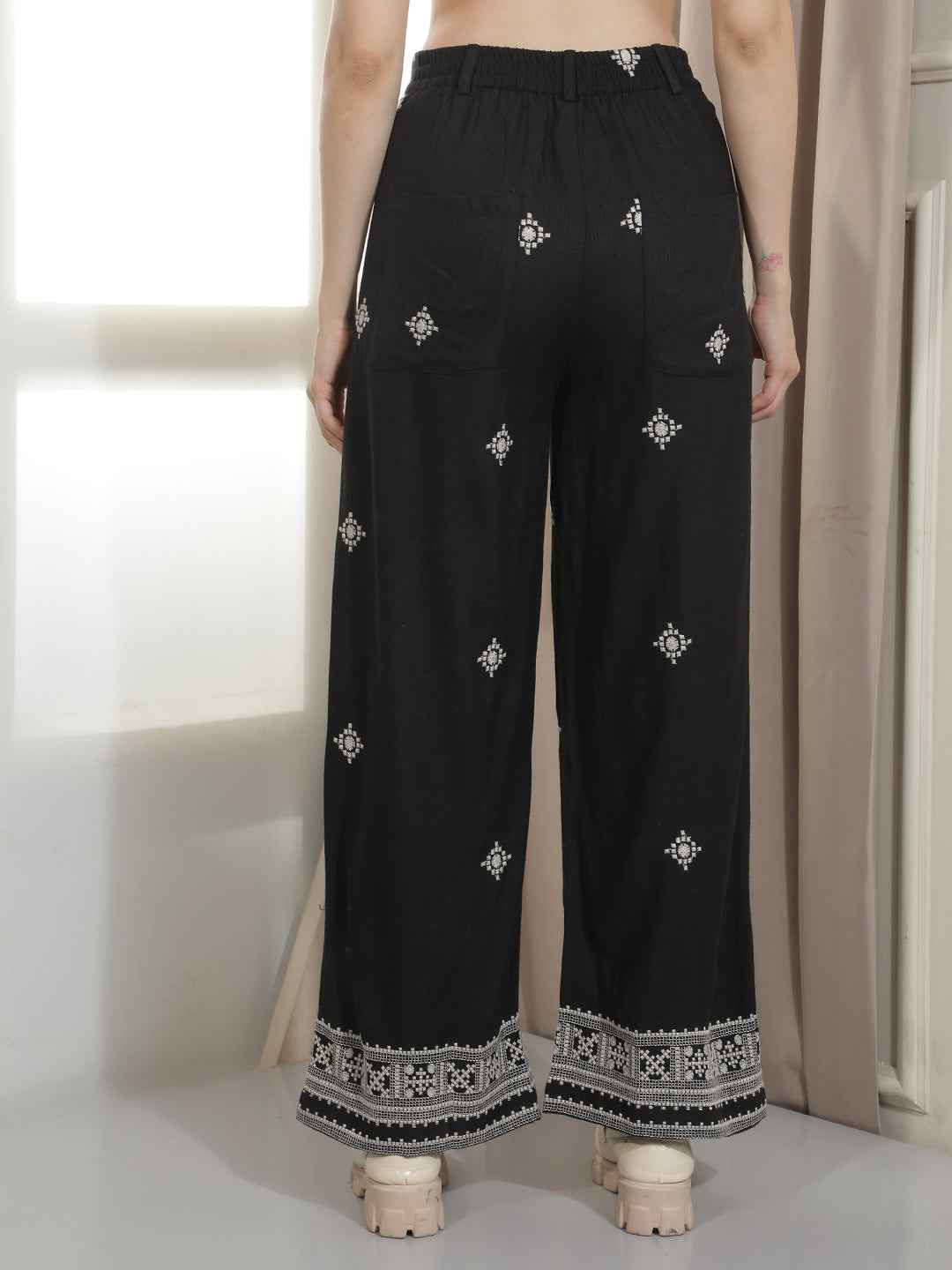 Black Embroidered Wide Leg Trousers