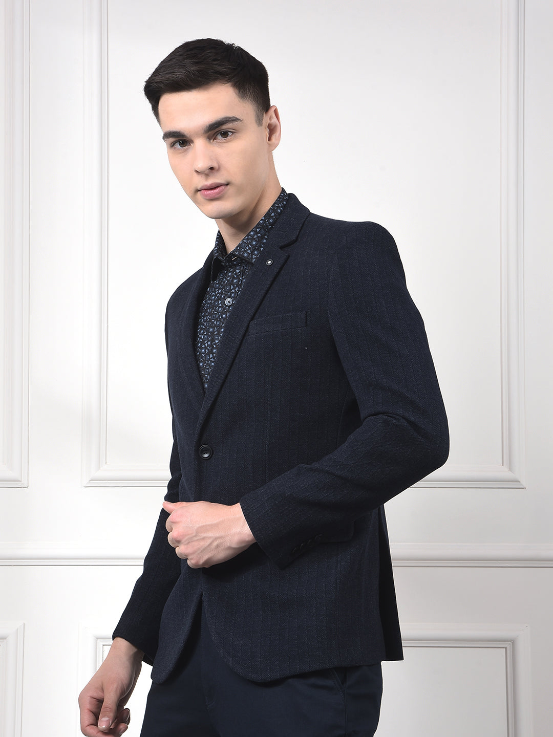 Navy Blue Vertical Stripes Notched Lapel Single-Breasted Blazer