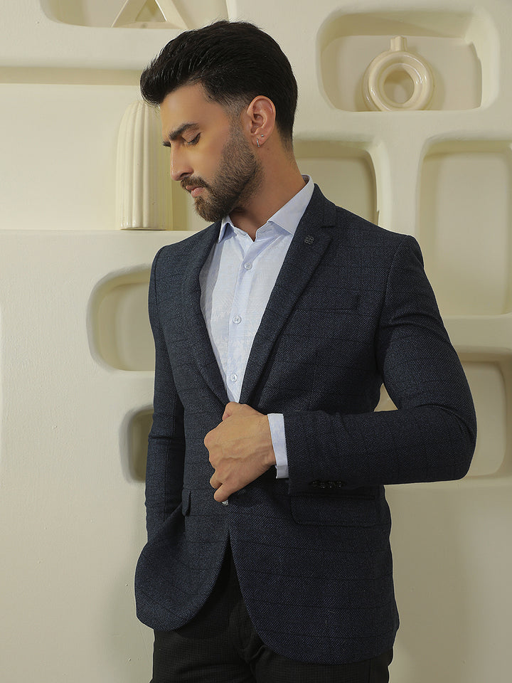 Blue Checked Notch Lapel Blazer