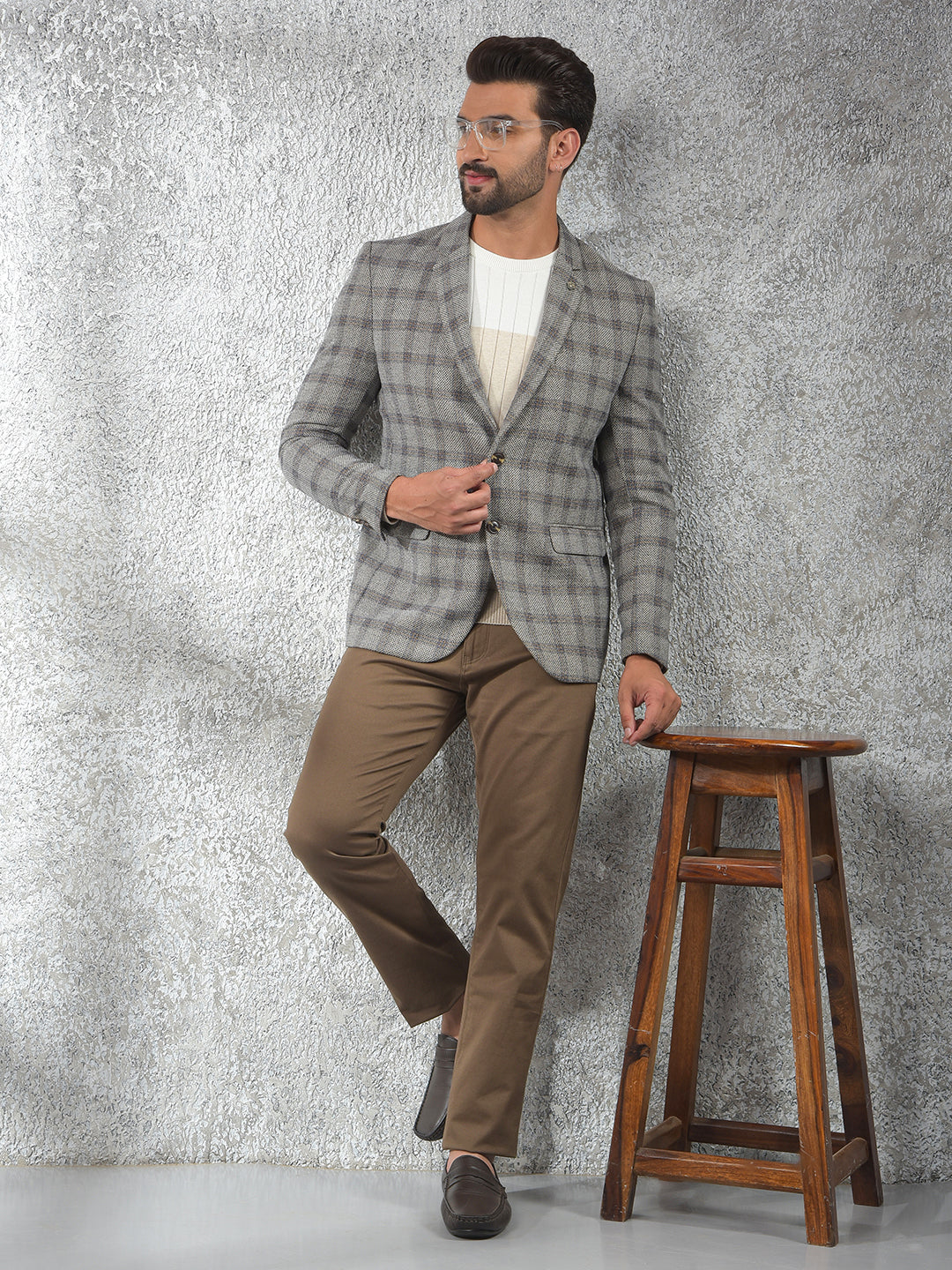 Grey Checked Notched Lapel Single-Breasted Blazer