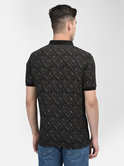 Black Printed 100% Cotton Polo Neck T-Shirt