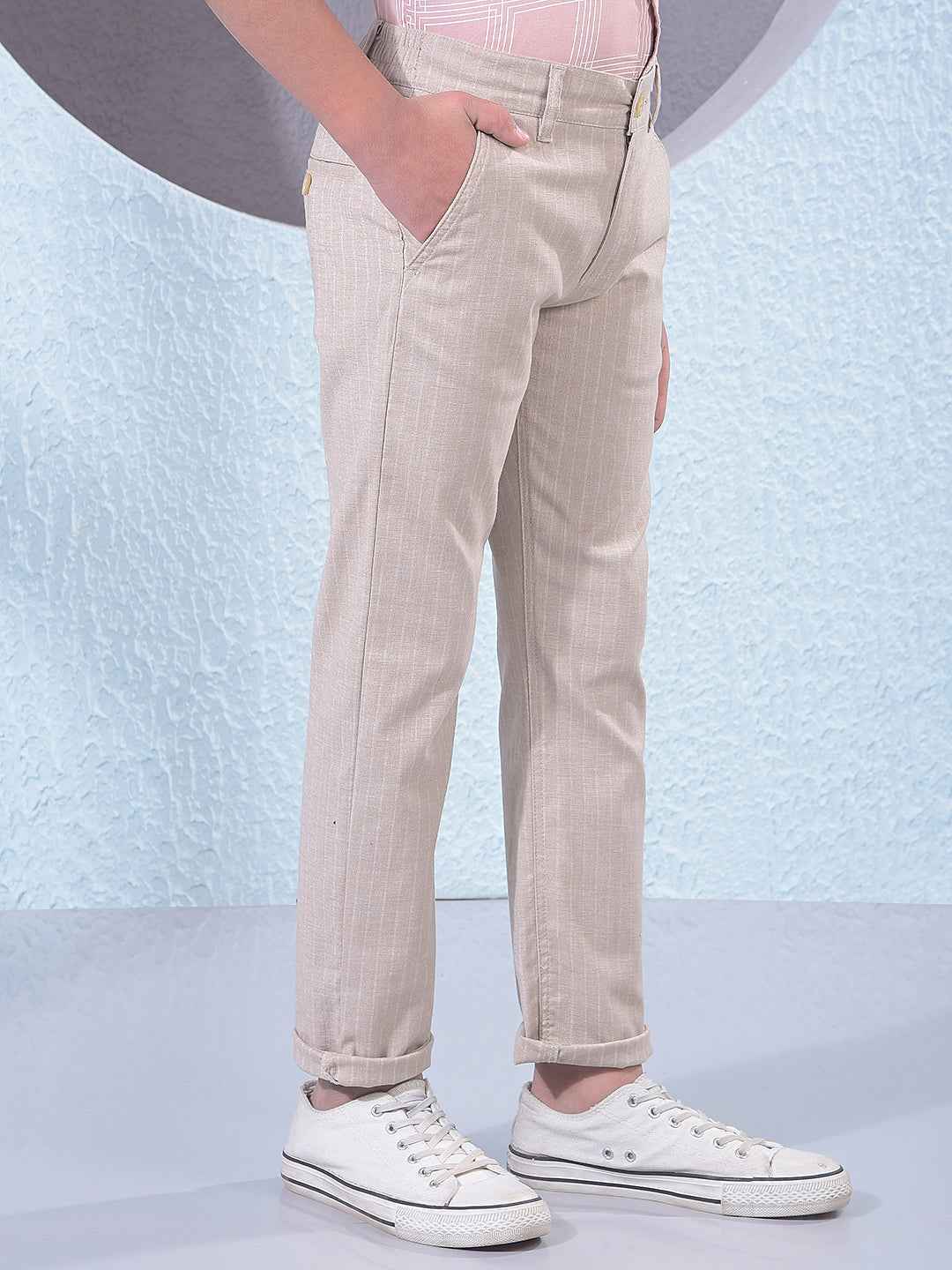 Beige Vertical Stripes Trousers