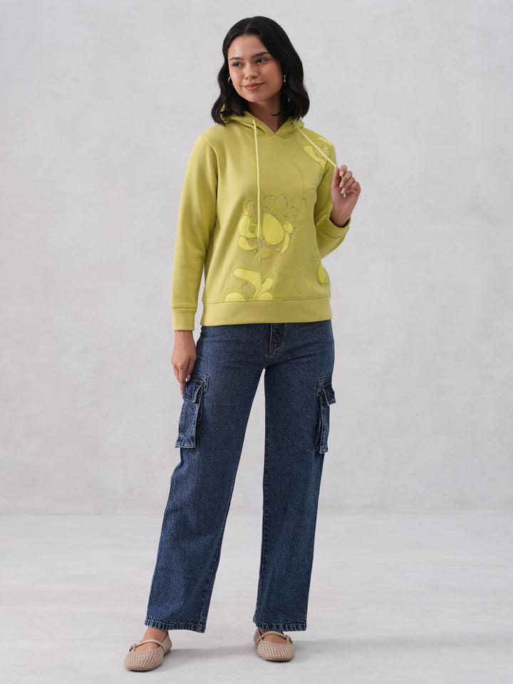 Green Embellished Hooded Neck Sweatshirt