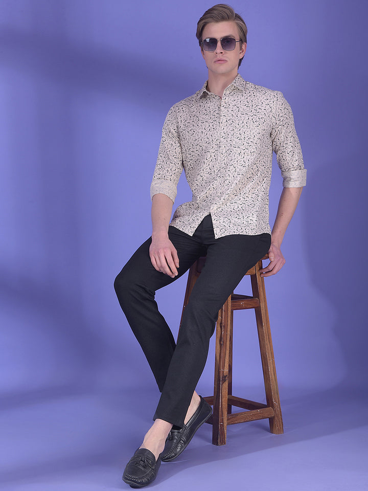 Beige Floral Printed 100% Cotton Shirt