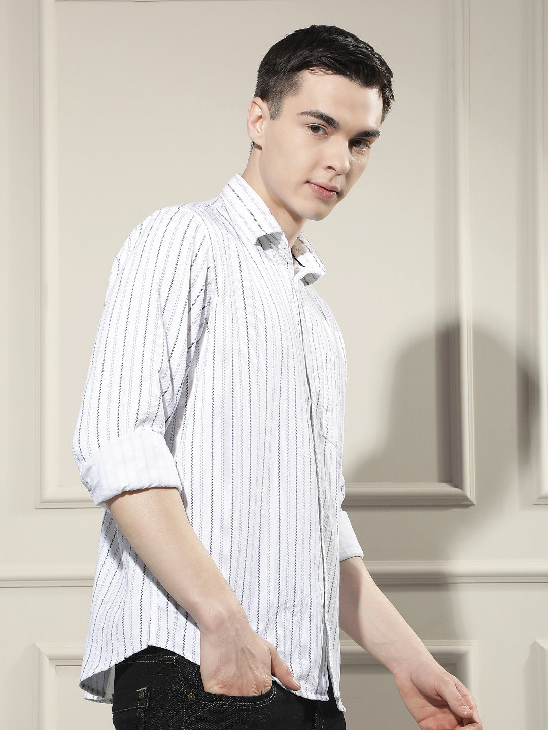 White Vertical Stripes 100% Cotton Corduroy Shirt
