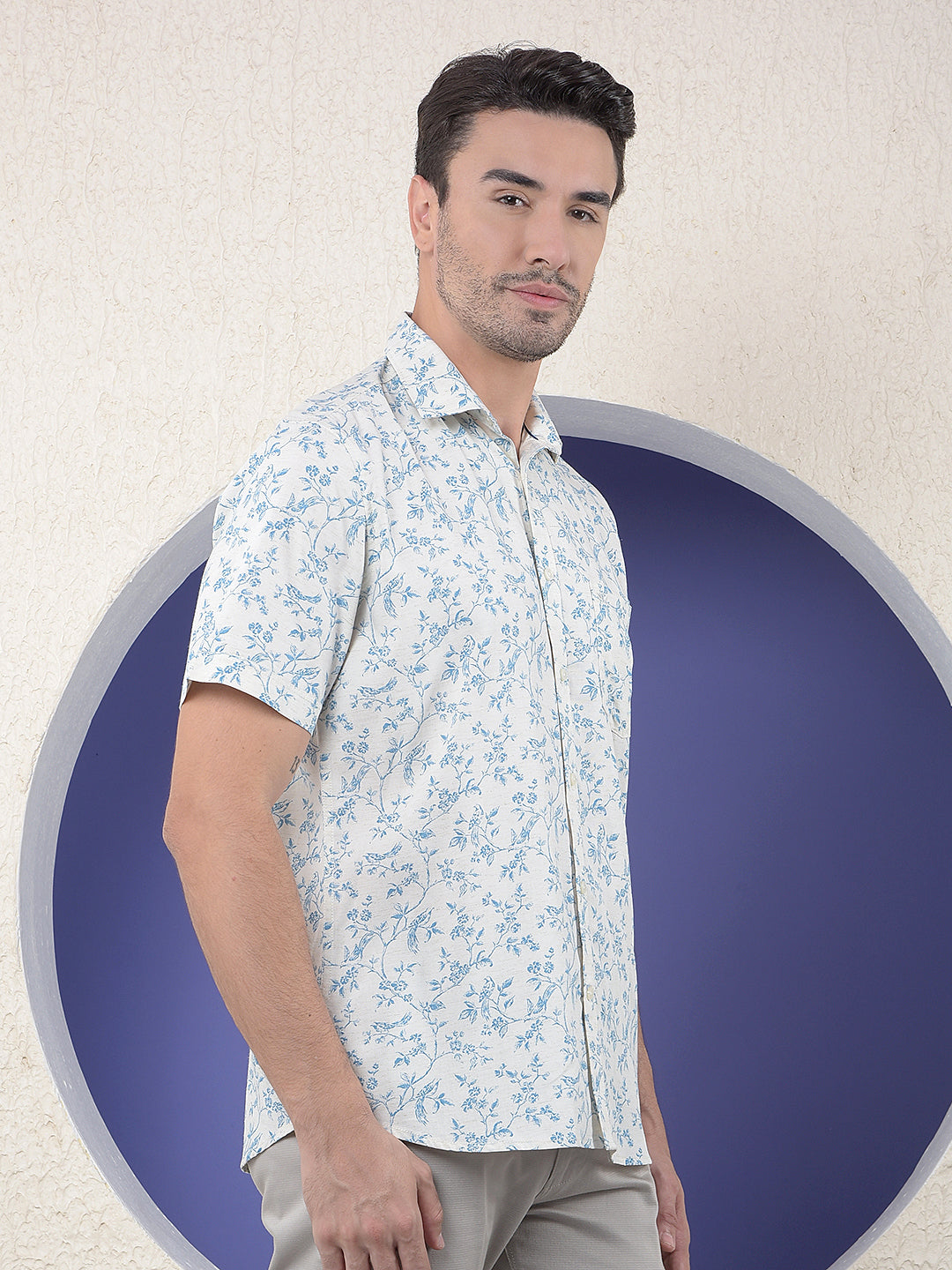Blue Floral Printed Linen Shirt
