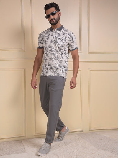 Grey Floral Print Polo Neck T-Shirt