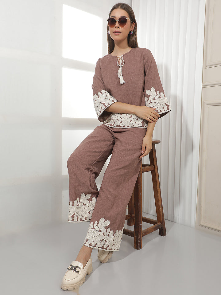 Brown Embroidered 100% Cotton Top