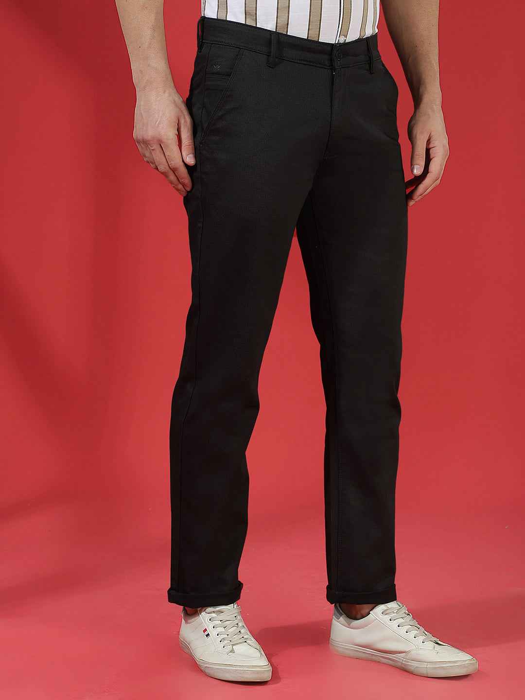Jet Black 100% Cotton Geometric Print Straight Trousers