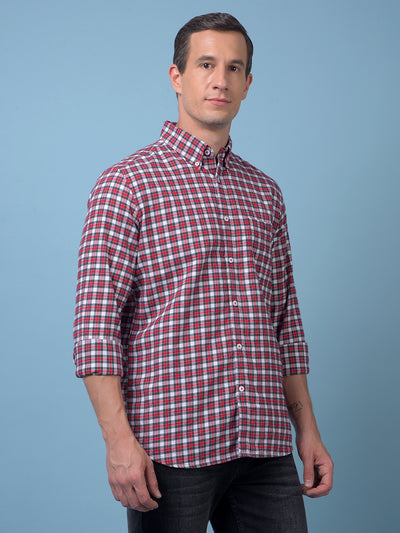 Red Checked Button-Down Collar 100% Cotton Shirt